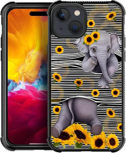 for iPhone 15 Plus Case, Cute Little Elephant Sunflower White Line Art Pattern by FKBRCL4U