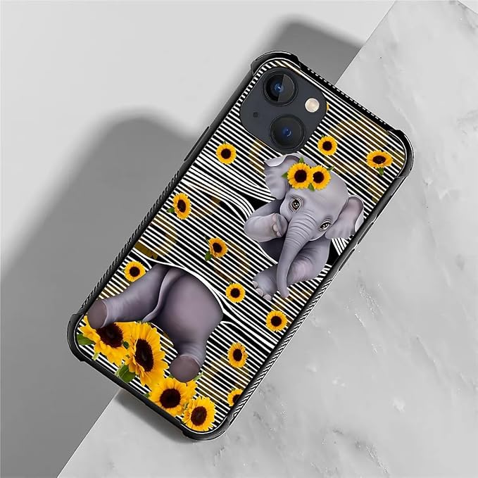 for iPhone 13 Mini Case, Cute Little Elephant Sunflower White Line Art Pattern - Image 2