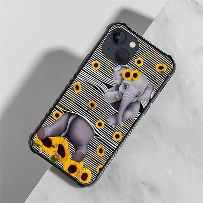 for iPhone 13 Mini Case, Cute Little Elephant Sunflower White Line Art Pattern - Image 2