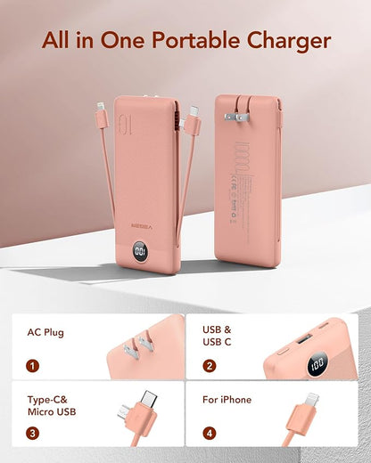 VEGER Portable Charger with Built-in AC Plug and Cables, All in One 10000mAh - Image 5