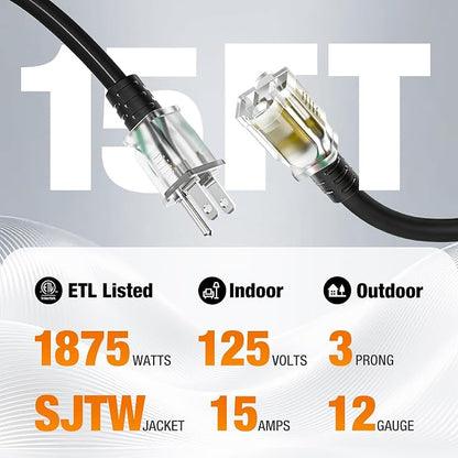 Outdoor Extension Cord 15 FT Waterproof, 12/3 Gauge Heavy Duty 3 Prong Power - Image 2