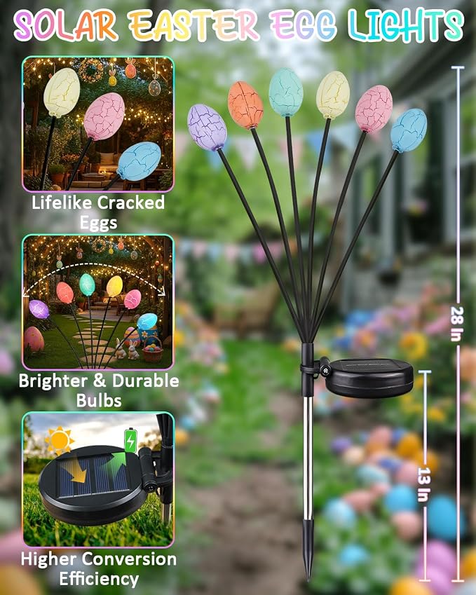 Upgraded 4 Pack Solar Easter Egg Lights Outdoor, Colorful Swaying Firefly Lights - Image 3