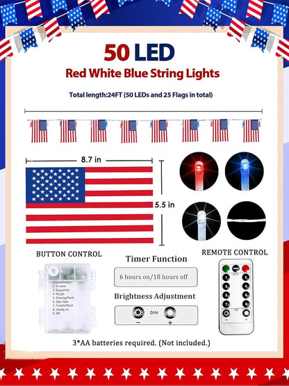 4th of July Decoration, 24FT 50LED Red White and Blue String Lights 25 American - Image 6
