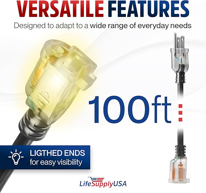 100ft Outdoor/Indoor Extension Cord 16/3 Gauge Heavy Duty 3 Prong SJTW - Image 6