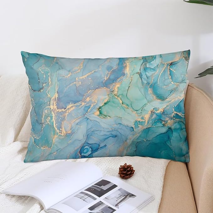Teal Marble Throw Pillow Covers Set of 2 Queen Size Turquoise Blue Gold Natural - Image 4