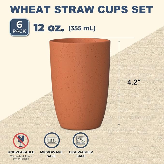 Wheat Straw Cups 6 PCS Good Alternative to Plastic Reusable Cups 12 oz - Image 2
