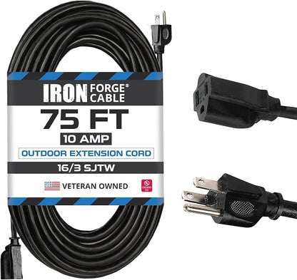 Iron Forge Cable 75 Ft Black Extension Cord, 75 Foot Extension Cord, 3 Prong by IronForgeCable