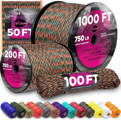 TECEUM 5/32" Paracord Rope 1000 – 1000ft / 200ft / 100ft / 50ft – Tactical by TECEUM
