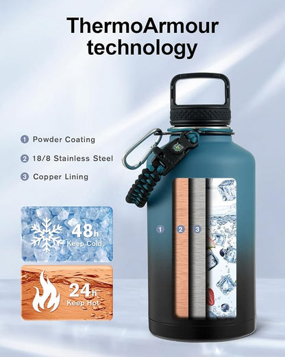 Trebo Water Bottle 64oz with Paracord Handle, Half Gallon Large Vacuum Triple - Image 2