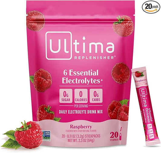 Ultima Replenisher Daily Electrolyte Powder – Raspberry, 20 Stickpacks – Zero by UltimaReplenisher