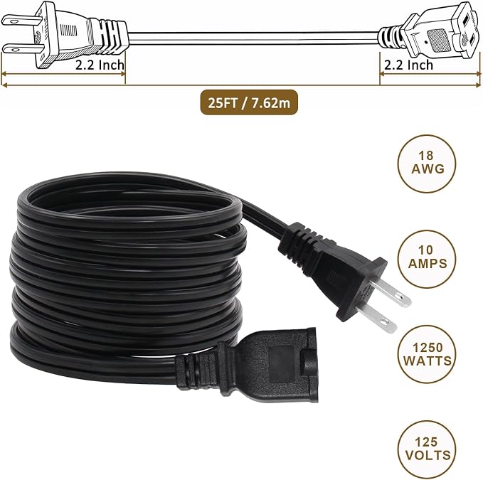 25 FT 2 Prong Extension Cord, 18AWG SPT-2 Indoor Male to Female Power Cord ETL - Image 3