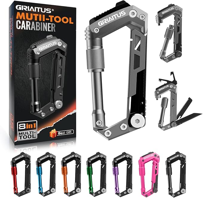 Carabiner Multitool with Pocket Knives, 8-in-1 EDC Carabiners, Serrated Knife by GIRIAITUS