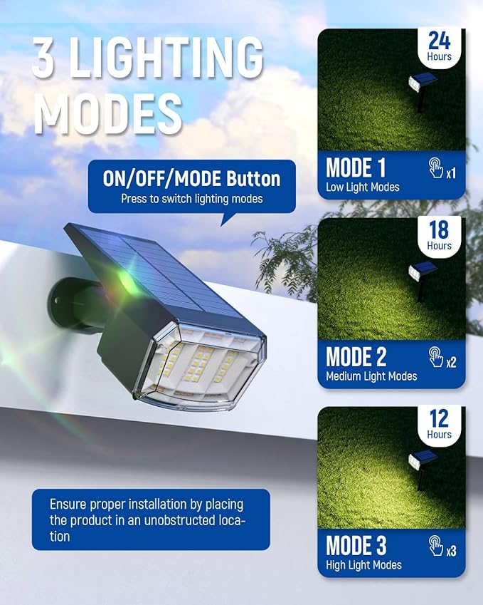 AUDERWIN Solar spotlights Outdoor 63 LED 3 Lighting Modes, IP65 Waterproof - Image 3