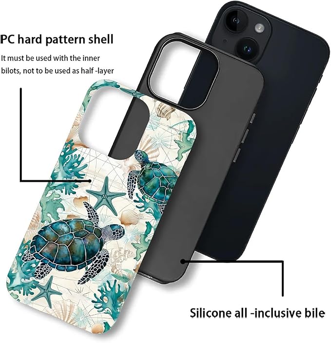 for iPhone 14 Plus Case, HH2 Ocean Sea Turtle Nautical Map Hybrid 2 Layer Hard - Image 3