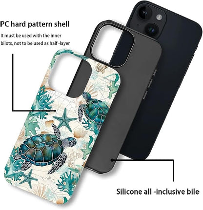 for iPhone 14 Plus Case, HH2 Ocean Sea Turtle Nautical Map Hybrid 2 Layer Hard - Image 3