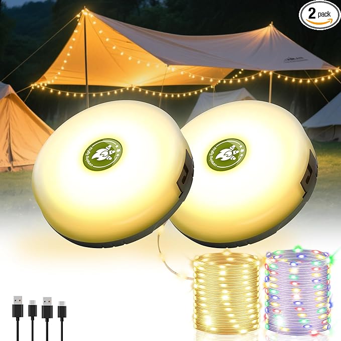 2Pack Camping String Lights, 4-in-1 Quick Storage Camp Light, 8Mode 32.8FT by Staaricc