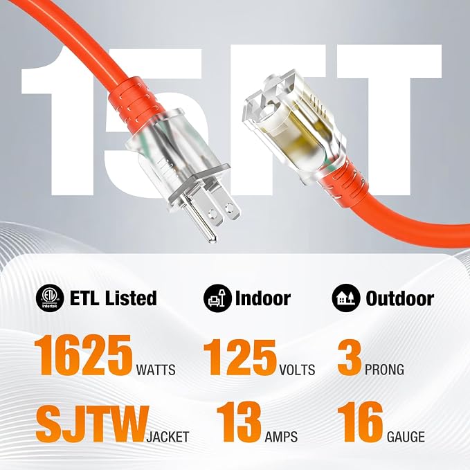 15 FT Outdoor Extension Cord Waterproof, 16/3 Gauge Heavy Duty 3 Prong Power - Image 2