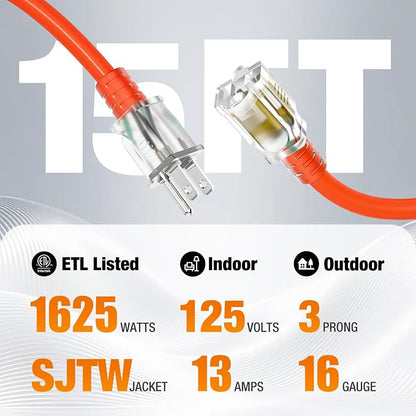 15 FT Outdoor Extension Cord Waterproof, 16/3 Gauge Heavy Duty 3 Prong Power - Image 2
