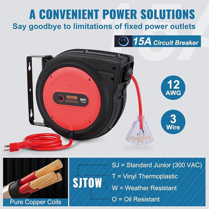 VEVOR 80FT Retractable Extension Cord Reel, 12AWG/3C SJTOW Heavy Duty Power - Image 4