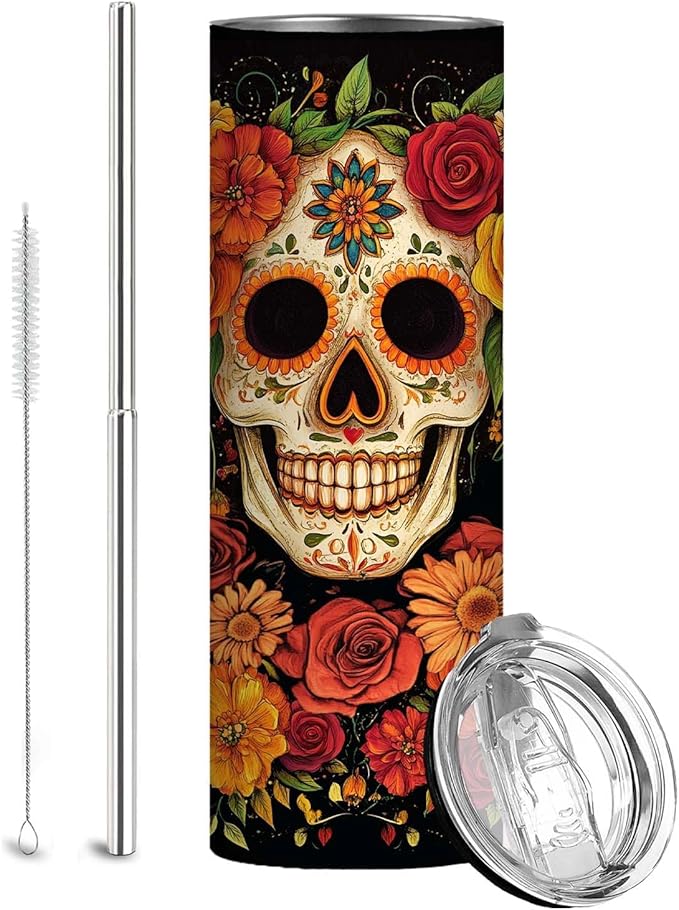 Firmiso 20 oz Tumbler｜Skinny Insulated Travel Mug｜Sugar Skull Floral Design by Firmiso