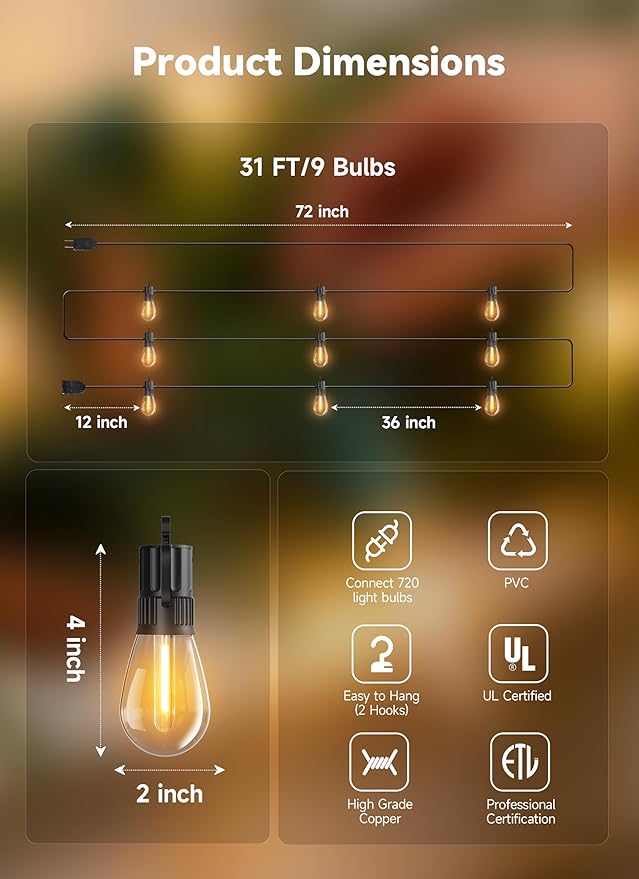 Minetom 31FT Outdoor String LED Patio Lights Waterproof, 9 Shatterproof S14 - Image 8