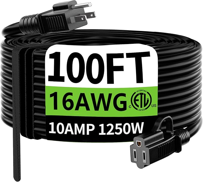 HUANCHAIN Indoor Outdoor Black Extension Cord 100 ft Waterproof, 16/3 Gauge by huanchain