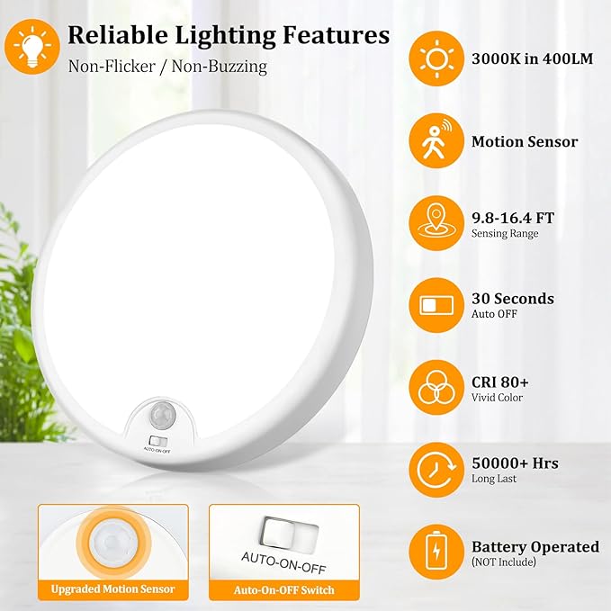 2-Pack Battery Operated Motion Sensor LED Ceiling Lights Indoor, Wireless Flush - Image 4