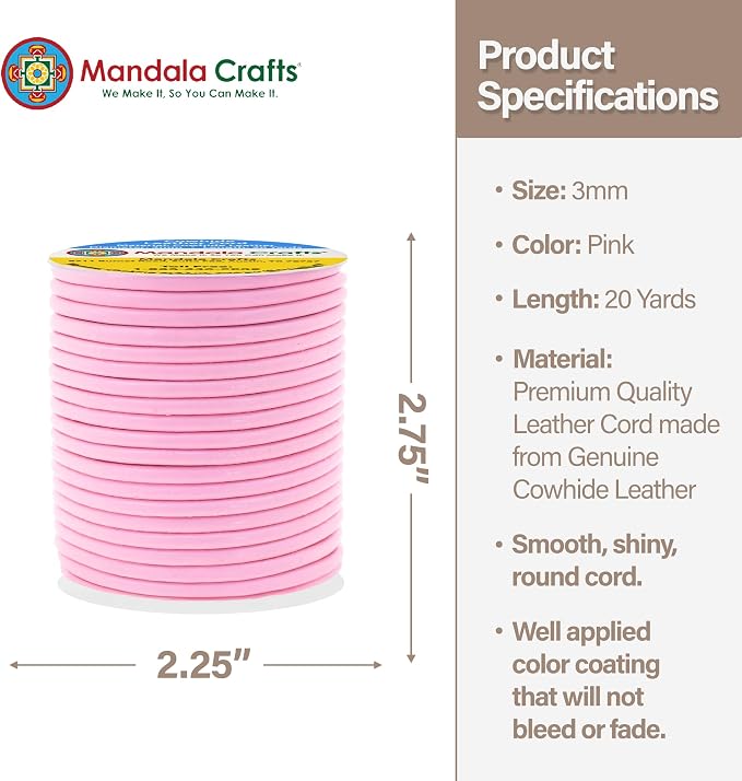 Mandala Crafts Round Genuine Pink Leather Cord - Image 4