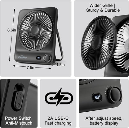 WHATOOK Large Travel Desk Fan: 10000mAh Battery 40 Hours Runtime Silent - Image 5