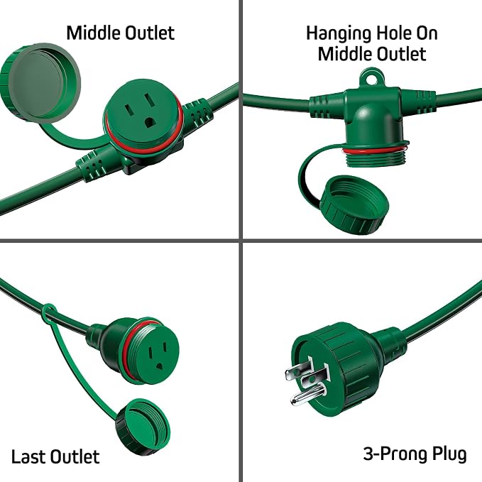 50FT Green Outdoor Extension Cord, Evenly Spaced 6 Outlets Plugs - Image 4