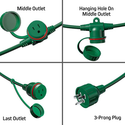 50FT Green Outdoor Extension Cord, Evenly Spaced 6 Outlets Plugs - Image 4
