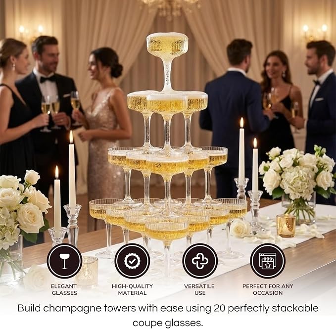 Premium ACRYLIC Champagne Tower Kit | 20 Stackable 7 oz Plastic Coupe Flutes | - Image 4