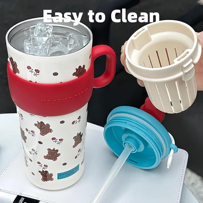 21oz Cute Bear Car Cup with Straw & Cap, Leak-Proof Portable Mug with Tea - Image 4