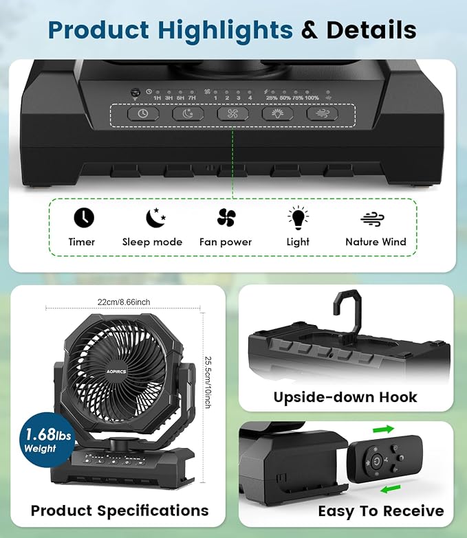 Camping Fan Rechargeable, 60H Long-Lasting Battery Powered Fan - Image 9