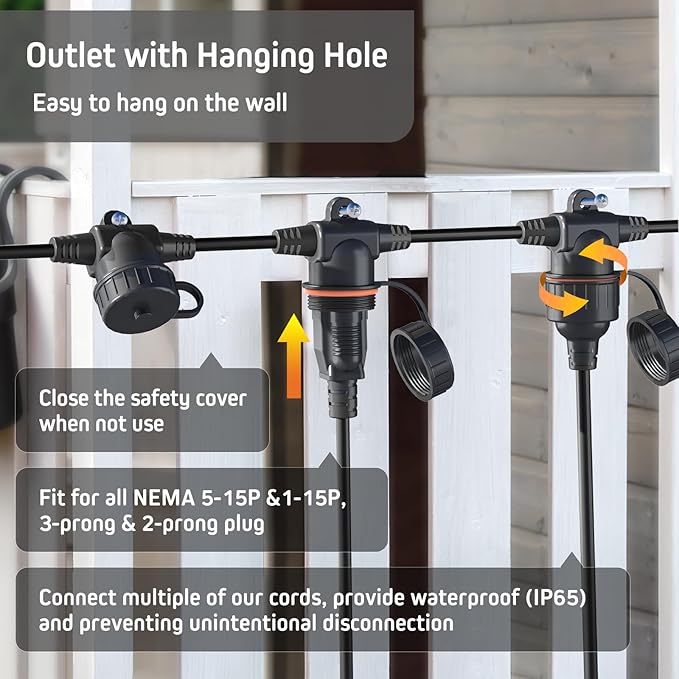 50FT Black Outdoor Extension Cord, Evenly Spaced 6 Outlets Plugs - Image 6