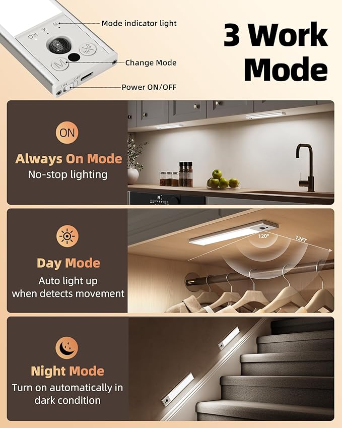 EZVALO 12inch Under Cabinet Lighting, Rechargeable Motion Sensor Light Indoor - Image 5