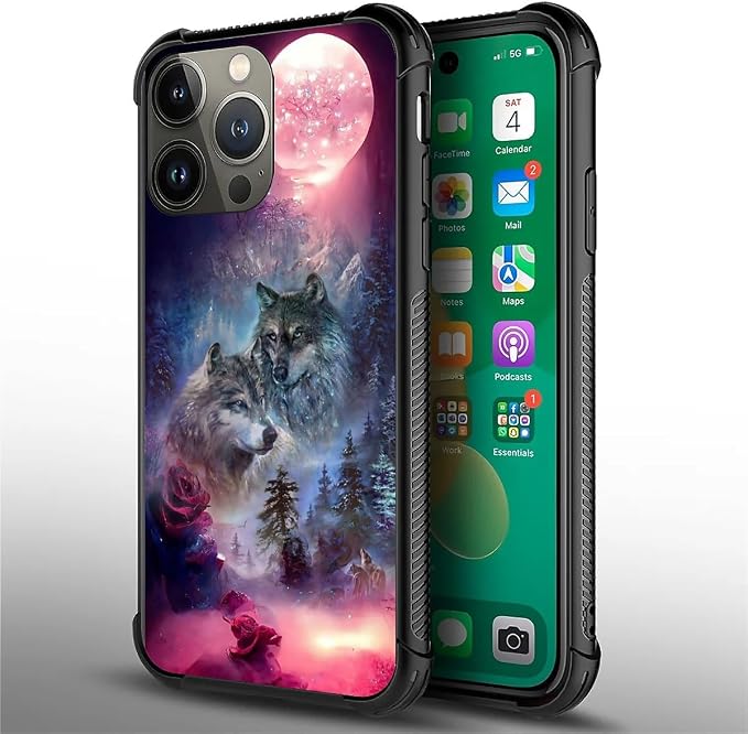 for iPhone 14 Pro Max Case, Star Two Wolfs Howling Pattern Graphic Design Girl - Image 3