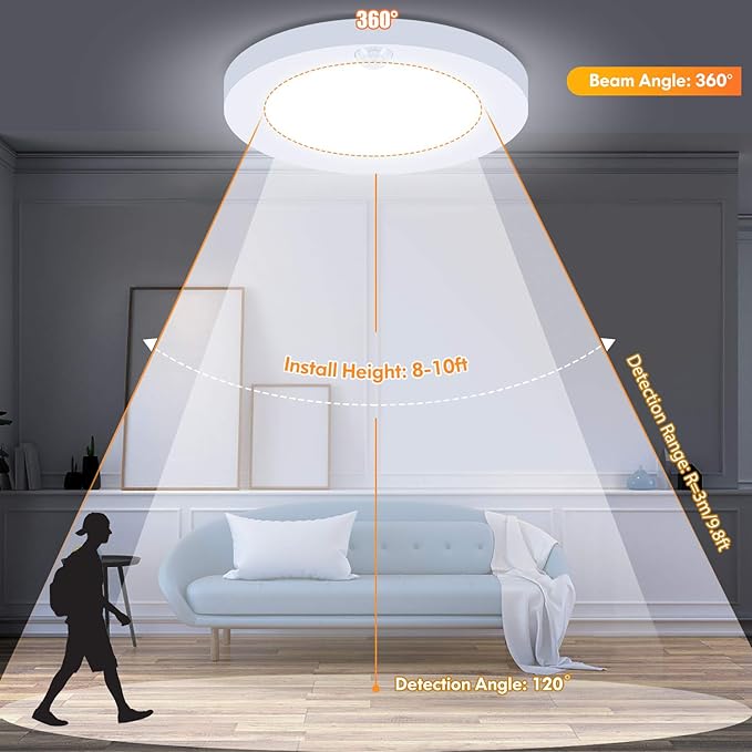 Motion Sensor LED Ceiling Light, 15W & 1200LM, 3 Colors in 1, 7.5inch Flush - Image 4