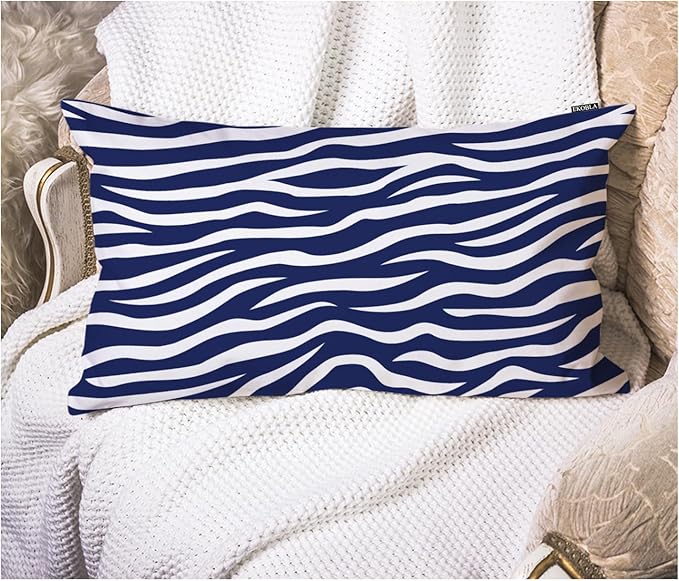 EKOBLA Zebra Stripe 12x20 Pillow Case Distressed Navy Blue White Animal Skin by EKOBLA