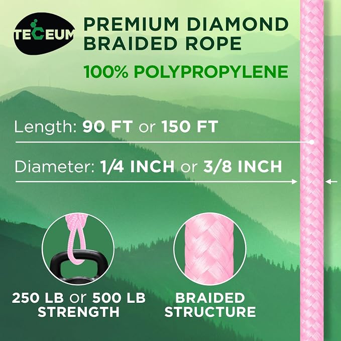 TECEUM Rope – 150 Feet x 1/4 Inch – Pink – Strong All-Purpose Utility Rope – - Image 2