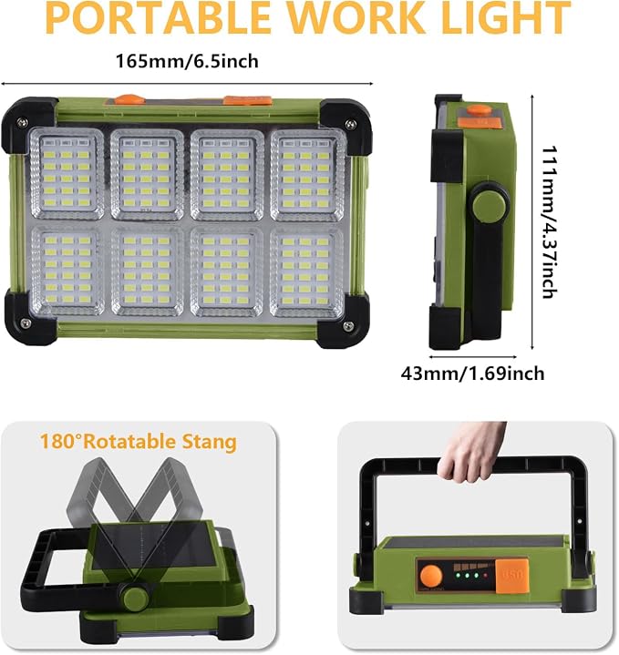 YXQUA 120W Solar Rechargeable Work Light, 144 LED Portable Flood Light - Image 3