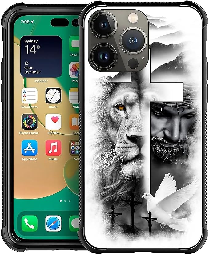 for iPhone 14 Pro Max Case, Lion Cross Jesus Christ Dove Pattern Graphic Design by FKBRCL4U