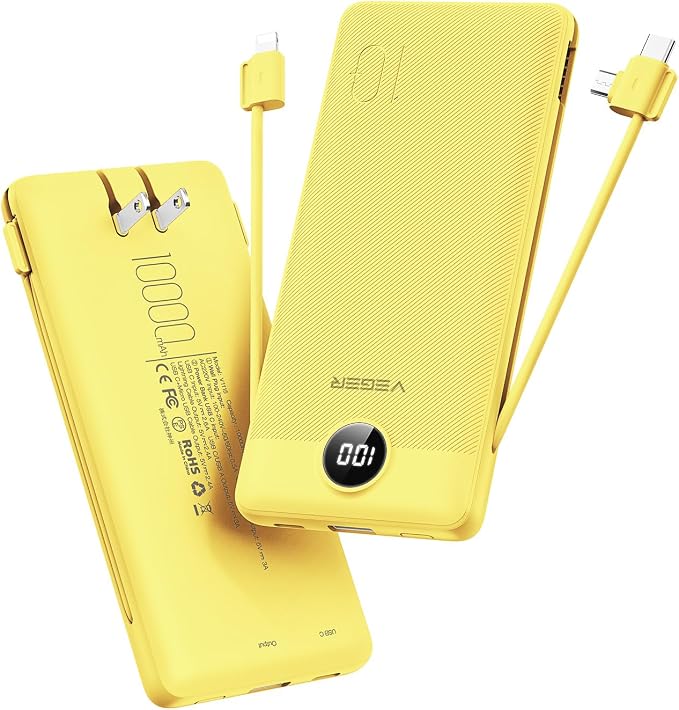 VEGER Portable Charger with Built-in AC Plug and Cables, All in One 10000mAh by VEGER