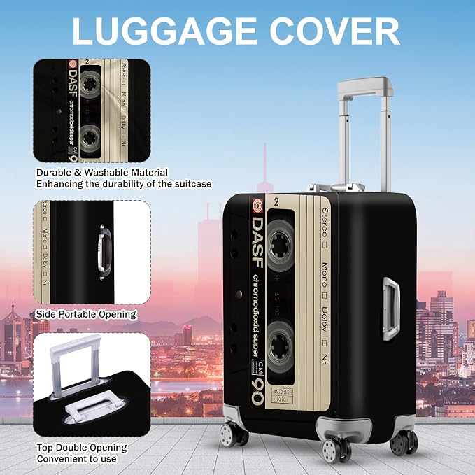 ANNA QUEEN Retro Cassette Tape Luggage Cover, Vintage Music Design Suitcase - Image 3