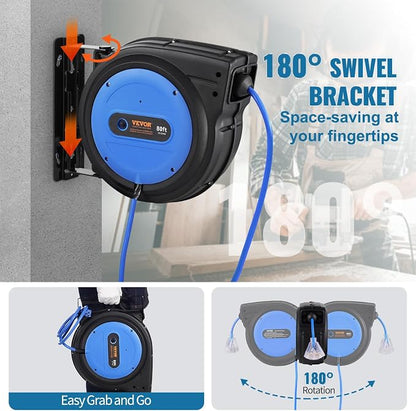 VEVOR 80FT Retractable Extension Cord Reel, 12AWG/3C SJTOW Heavy Duty Power - Image 6