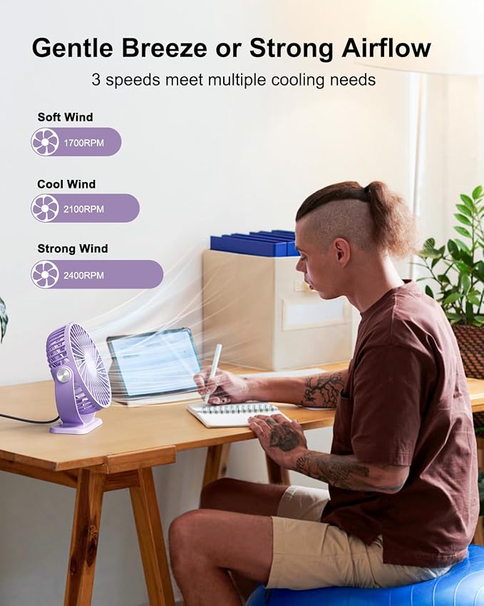TriPole Desk Fan USB Powered Mini Portable Fan 3 Speeds Strong Airflow Small - Image 3