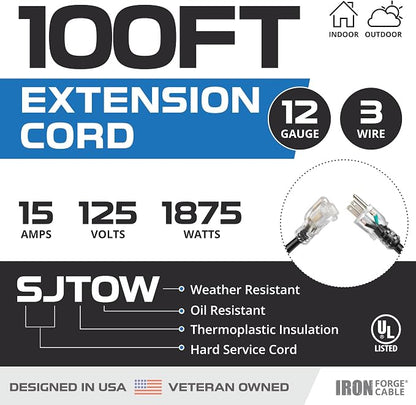 Iron Forge Cable 12 Gauge Outdoor Extension Cord 100 Ft, SJTOW 12/3 Heavy Duty - Image 2