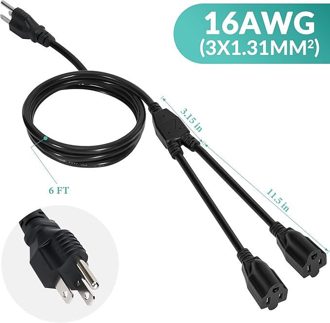 2 Way Power Cord Splitter Cable 6 Ft-3 Prong 1 to 2 Extension Cord-Outlet - Image 7