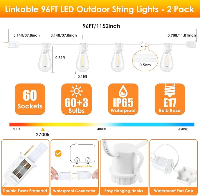 Larkvue 192FT LED Outdoor String Lights, Linkable Patio Light - Image 5