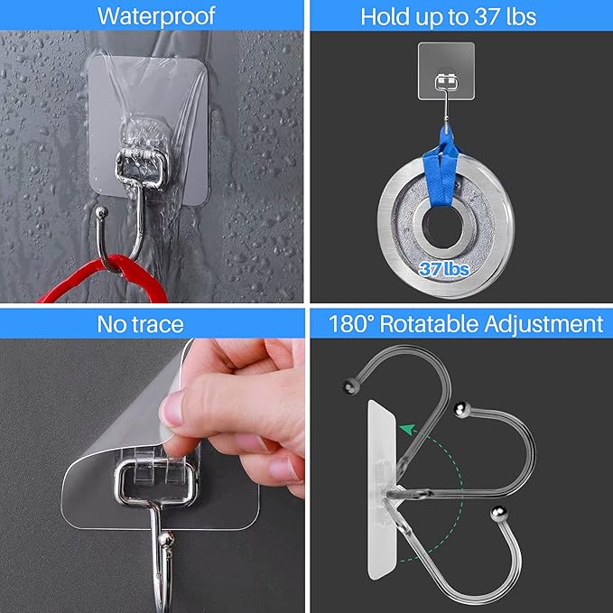 Antimbee 100 Pack Clear Adhesive Hooks, 37lb Heavy Duty Self Adhesive Hooks - Image 3
